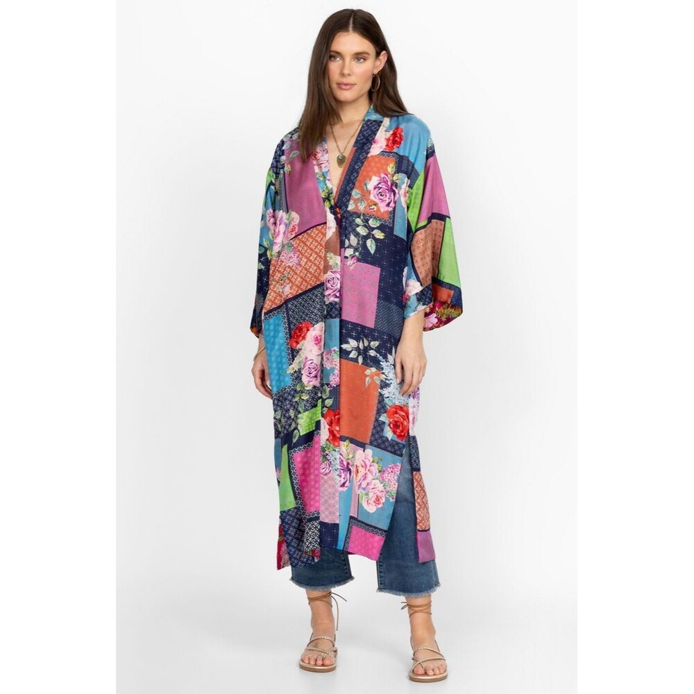 Johnny Was Bouquet Jules Silk Kimono Women’s S Reversible Robe Floral Patchwork